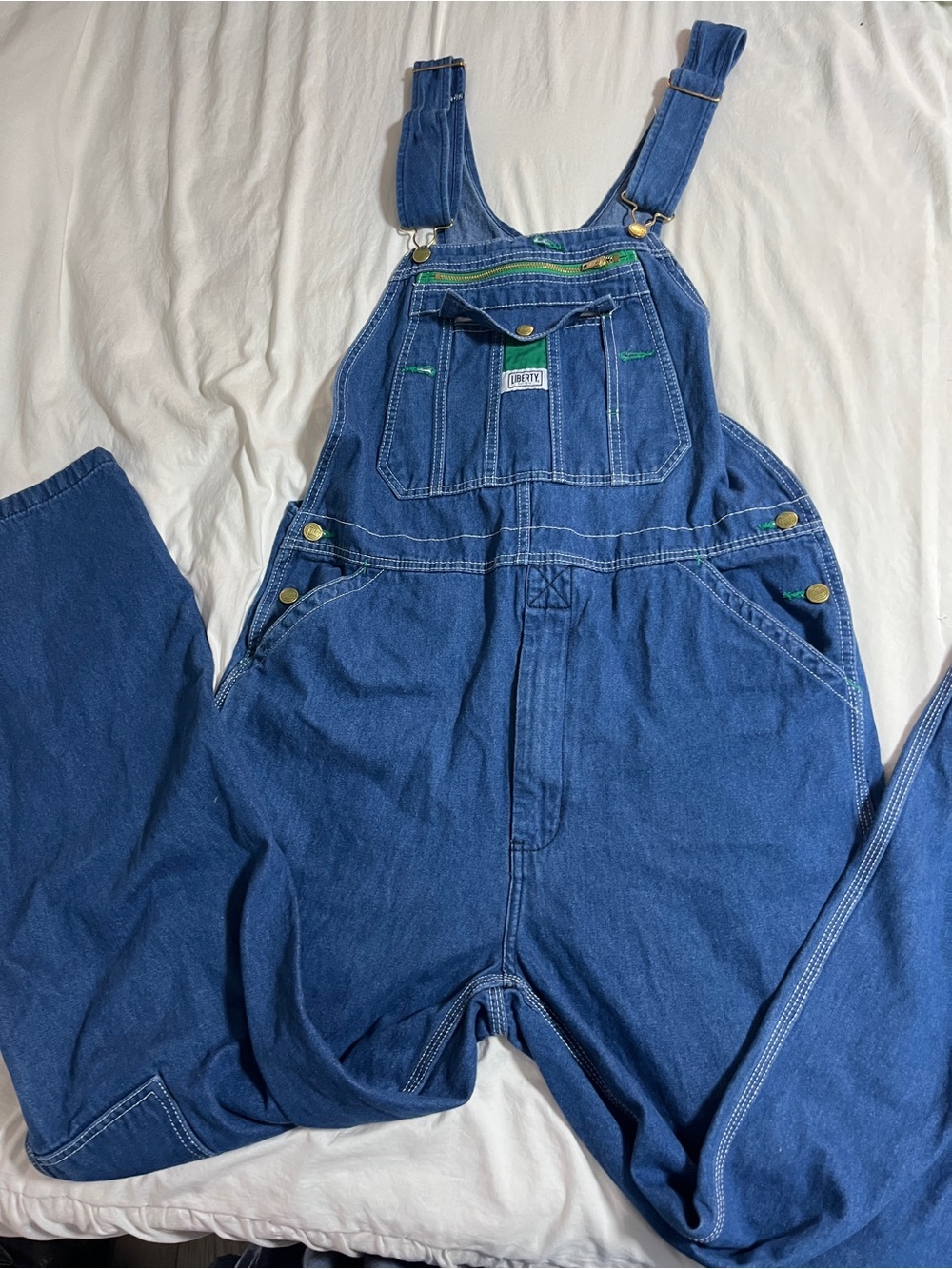 Men liberty stonewashed denim bib overalls jeans, green workwear cotton, 34X 32